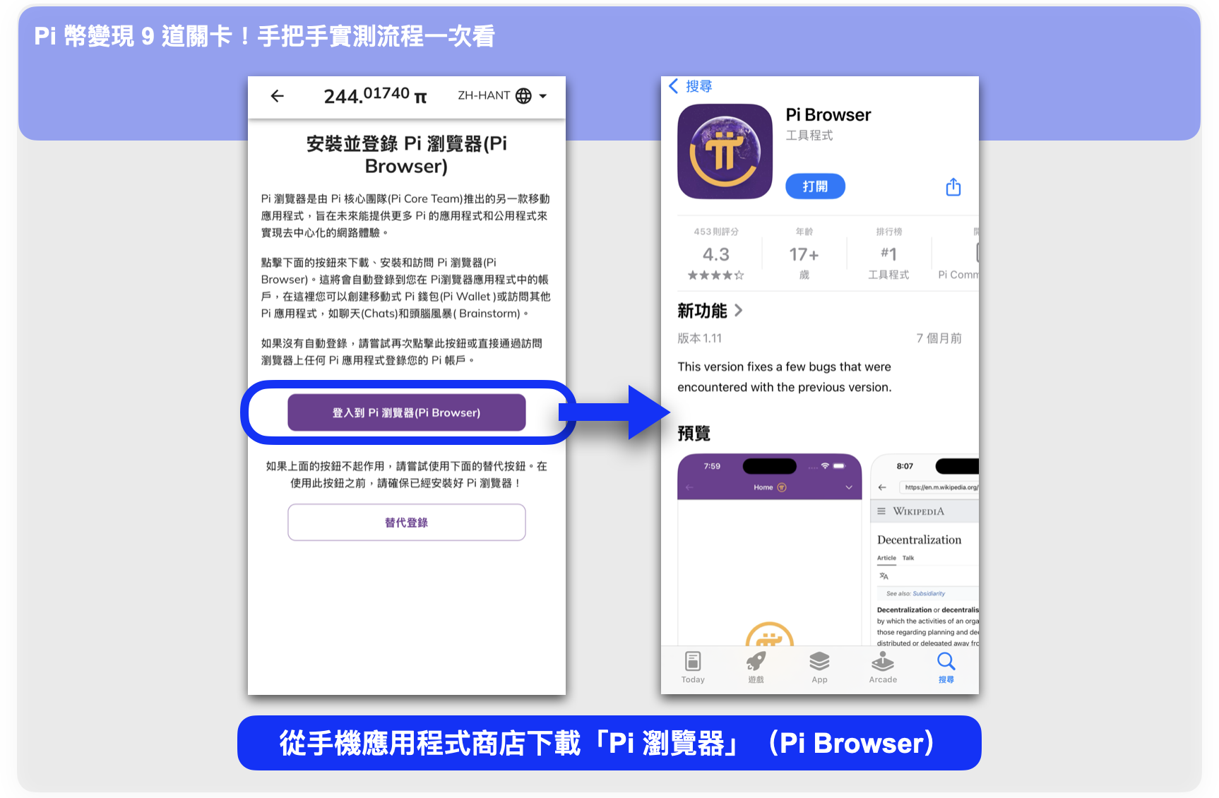 第 1 關:下載 Pi 瀏覽器應用程式